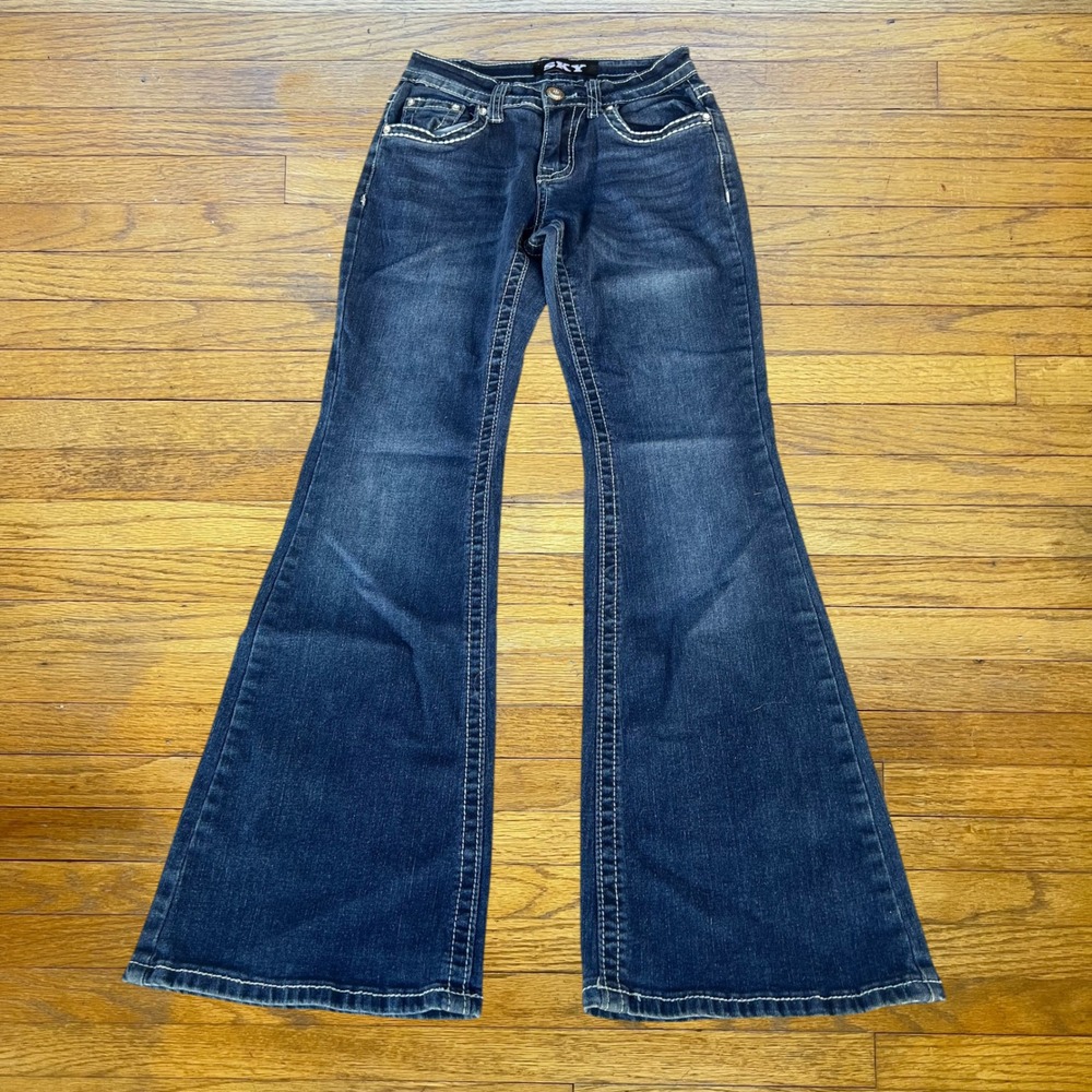 Sky Premium Collection Flare Jeans Dark Wash Wing Embroidered Sequin Y2K 3/4
